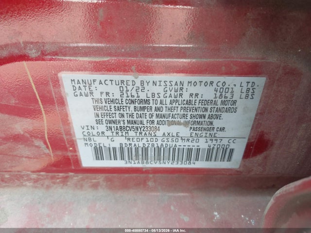 3N1AB8CV5NY233084 Nissan Sentra Sv Xtronic Cvt