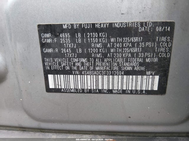 2015 Subaru Outback 2.5i Premium მანქანა იყიდება აუქციონზე, vin: 4S4BSADC3F3212004, აუქციონის ნომერი: 45880738