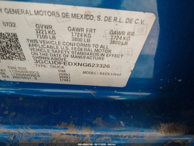 Продажа на аукционе авто 2022 Chevrolet Silverado 1500 4wd  Short Bed Lt Trail Boss, vin: 3GCUDFEDXNG623326, номер лота: 45880749