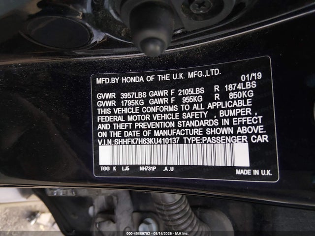 SHHFK7H63KU410137 Honda CIVIC EX