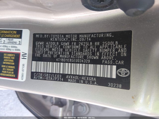 4T1BD1EB5EU034329 Toyota Avalon Hybrid Xle Touring