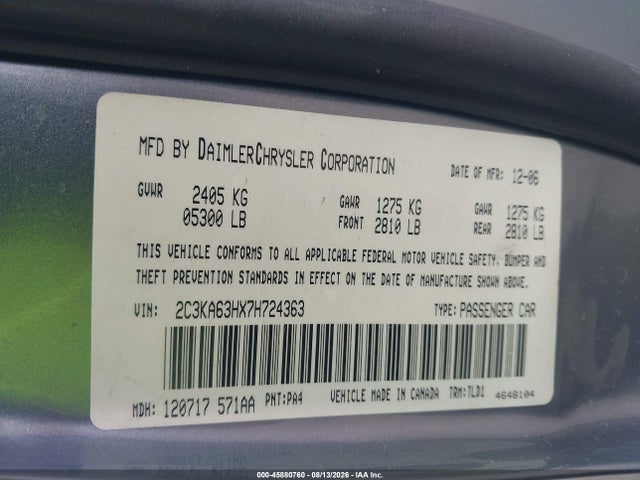 45880760 :رقم المزاد ، 2C3KA63HX7H724363 vin ، 2007 Chrysler 300c مزاد بيع