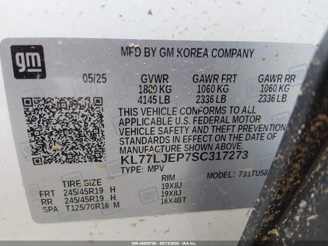 45880768 :رقم المزاد ، KL77LJEP7SC317273 vin ، 2025 Chevrolet Trax Fwd 2rs مزاد بيع