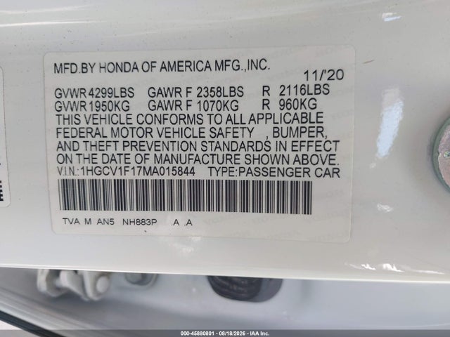 Honda ACCORD LX 2021 1HGCV1F17MA015844 Image 9
