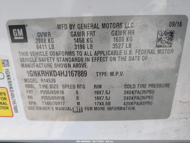 Chevrolet Traverse Lt 2017 1GNKRHKD4HJ167889 Image 9