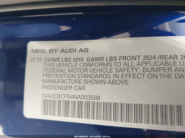 2022 Audi A5 Sportback Premium Plus 40 Tfsi Quattro S Tronic მანქანა იყიდება აუქციონზე, vin: WAUCBCF54NA003588, აუქციონის ნომერი: 45880834