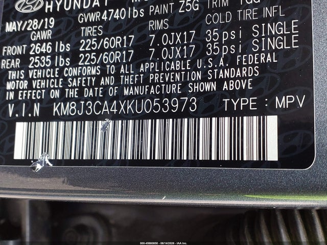 45880850 :رقم المزاد ، KM8J3CA4XKU053973 vin ، 2019 Hyundai Tucson Value مزاد بيع
