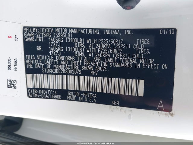 45880851 :رقم المزاد ، 5TDKK3DC2BS002079 vin ، 2011 Toyota Sienna Le V6 مزاد بيع