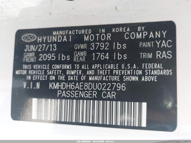 Aukcja sprzedaży 2013 Hyundai Elantra Se, vin: KMHDH6AE8DU022796, numer aukcji: 45880861