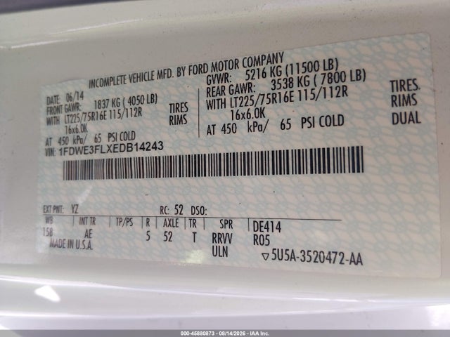 45880873 :رقم المزاد ، 1FDWE3FLXEDB14243 vin ، 2014 Ford E-350 Cutaway مزاد بيع