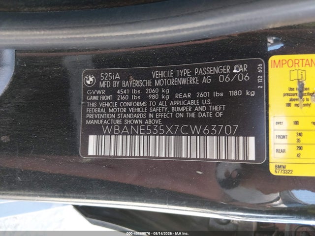 Aukcja sprzedaży 2007 Bmw 525i, vin: WBANE535X7CW63707, numer aukcji: 45880876