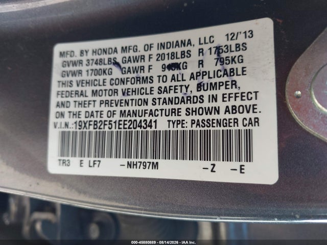 Honda Civic Lx 2014 19XFB2F51EE204341 Image 9