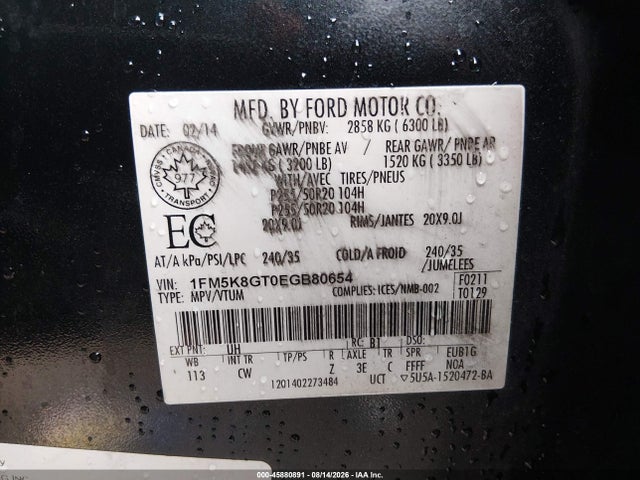 45880891 :رقم المزاد ، 1FM5K8GT0EGB80654 vin ، 2014 Ford Explorer Sport مزاد بيع