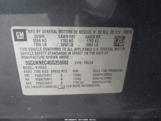 Aukcja sprzedaży 2016 Chevrolet Silverado 1500 Work Truck, vin: 3GCUKNEC4GG250682, numer aukcji: 45880910