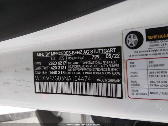 45880911 :رقم المزاد ، W1K6G7GB5NA154474 vin ، 2022 Mercedes-benz S 580 4matic مزاد بيع