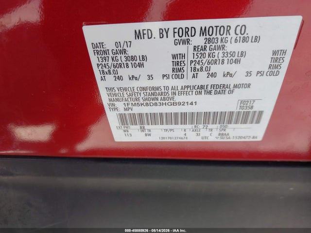 Ford EXPLORER XLT 2017 1FM5K8D83HGB92141 Image 9