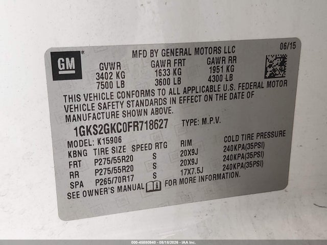 45880940 :رقم المزاد ، 1GKS2GKC0FR718627 vin ، 2015 Gmc Yukon Xl 1500 Sle مزاد بيع