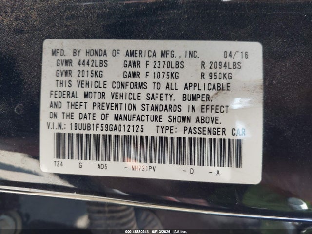 45880948 :رقم المزاد ، 19UUB1F59GA012125 vin ، 2016 Acura Tlx Tech مزاد بيع