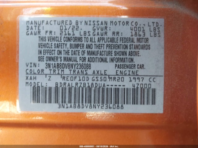 Aukcja sprzedaży 2022 Nissan Sentra Sr Xtronic Cvt, vin: 3N1AB8DV8NY236088, numer aukcji: 45880951