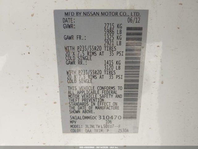 45880968 :رقم المزاد ، 5N1AL0MM6DC310470 vin ، 2013 Infiniti Jx35 مزاد بيع