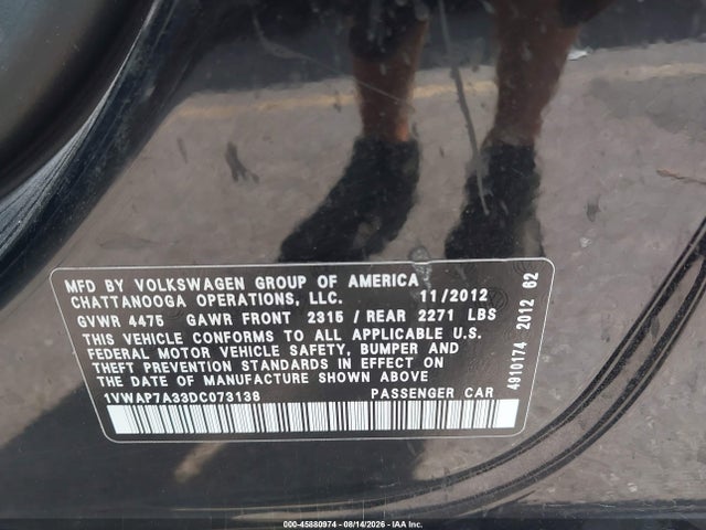 2013 Volkswagen Passat 2.5l S მანქანა იყიდება აუქციონზე, vin: 1VWAP7A33DC073138, აუქციონის ნომერი: 45880974