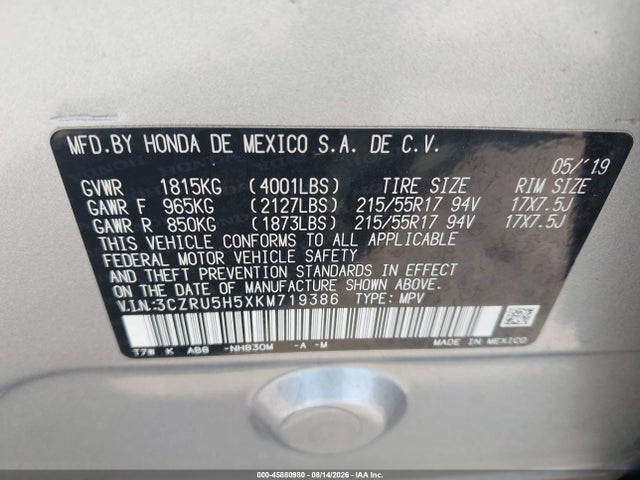 Продаж на аукціоні авто 2019 Honda Hr-v Ex, vin: 3CZRU5H5XKM719386, номер лоту: 45880980