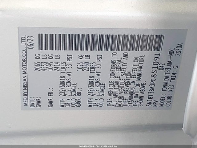 5N1BT3BA3PC851091 Nissan Rogue Sv Fwd