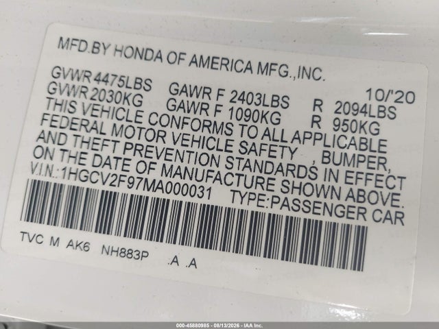 1HGCV2F97MA000031 Honda Accord Touring