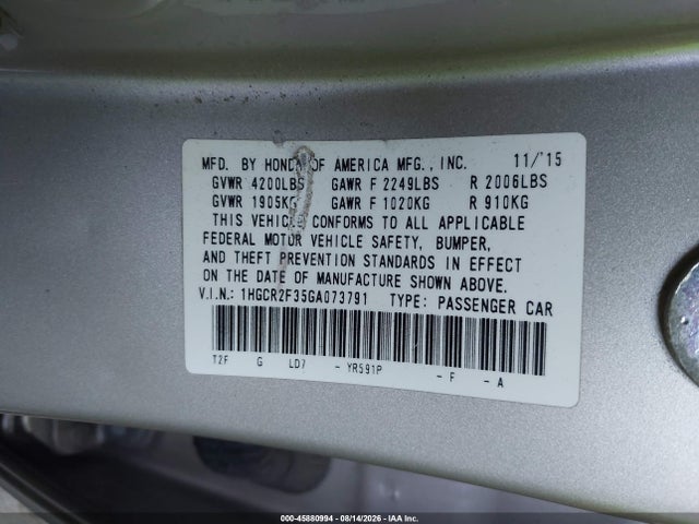 Honda ACCORD LX 2016 1HGCR2F35GA073791 Image 9