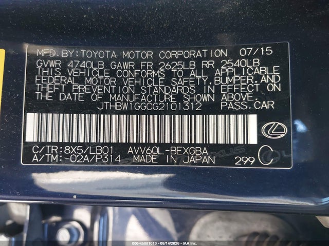 JTHBW1GG0G2101312 Lexus ES 300H