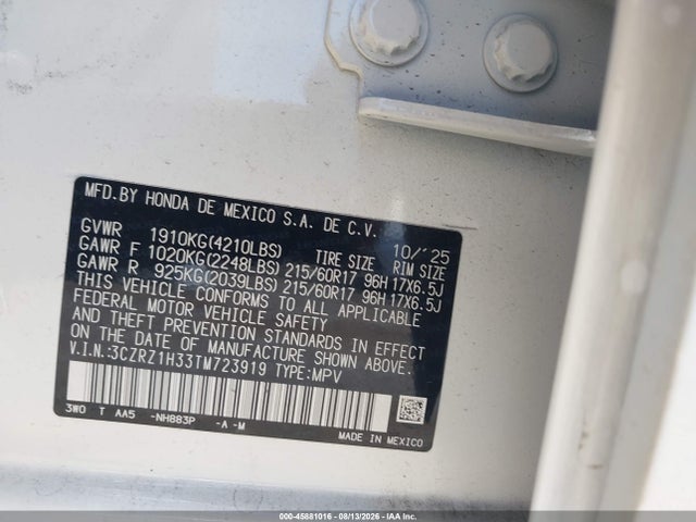 Продаж на аукціоні авто 2026 Honda Hr-v 2wd Lx, vin: 3CZRZ1H33TM723919, номер лоту: 45881016
