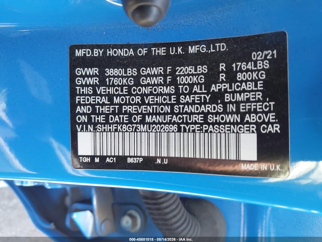2021 Honda Civic Type R Touring მანქანა იყიდება აუქციონზე, vin: SHHFK8G73MU202696, აუქციონის ნომერი: 45881018