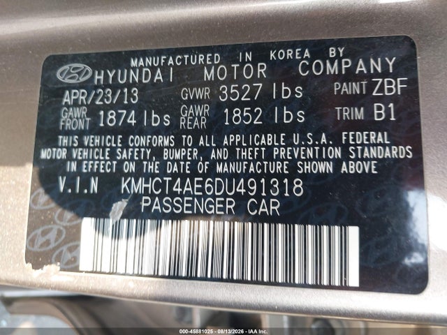 Продажа на аукционе авто 2013 Hyundai Accent Gls, vin: KMHCT4AE6DU491318, номер лота: 45881025