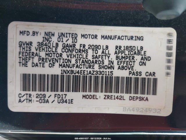 2010 Toyota Corolla S მანქანა იყიდება აუქციონზე, vin: 1NXBU4EE1AZ330115, აუქციონის ნომერი: 45881037