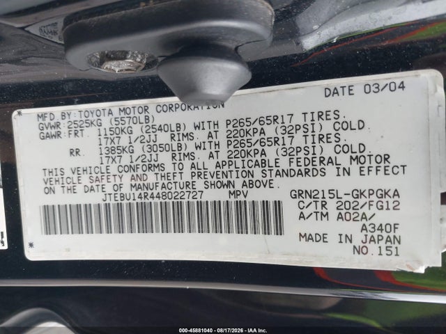Продаж на аукціоні авто 2004 Toyota 4runner Sr5 V6, vin: JTEBU14R448022727, номер лоту: 45881040