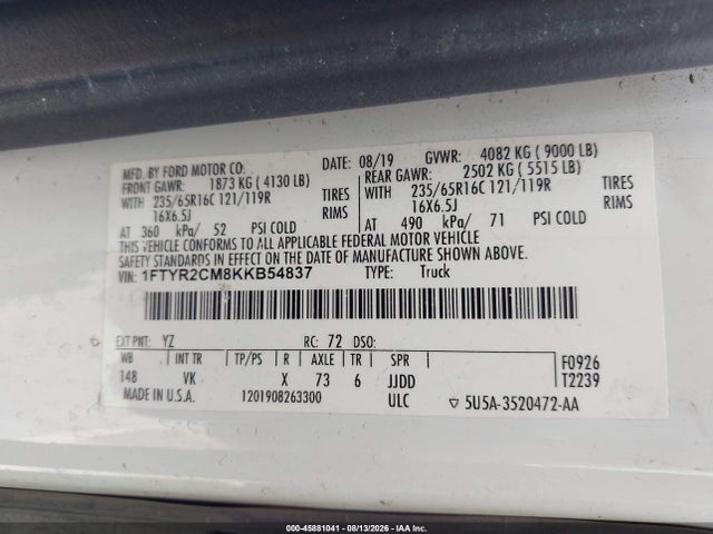 2019 Ford Transit-250 მანქანა იყიდება აუქციონზე, vin: 1FTYR2CM8KKB54837, აუქციონის ნომერი: 45881041