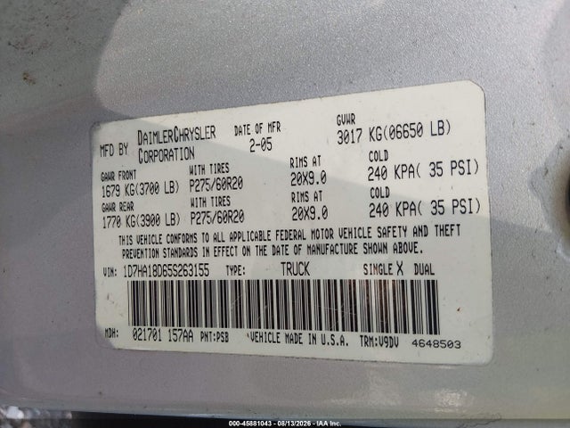 Продажа на аукционе авто 2005 Dodge Ram 1500 Slt/laramie, vin: 1D7HA18D65S263155, номер лота: 45881043