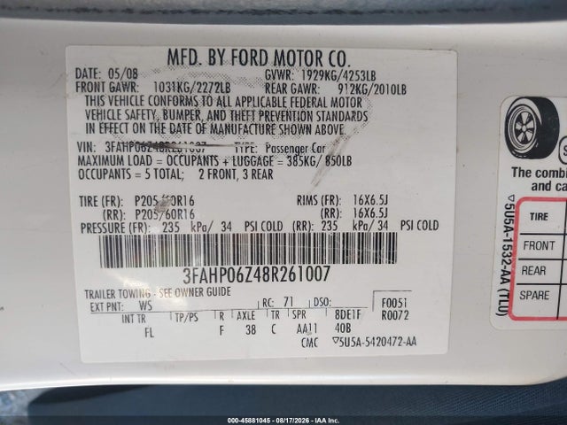 45881045 :رقم المزاد ، 3FAHP06Z48R261007 vin ، 2008 Ford Fusion S مزاد بيع