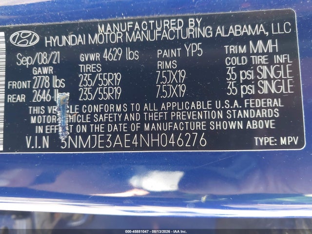 Продажа на аукционе авто 2022 Hyundai Tucson Limited, vin: 5NMJE3AE4NH046276, номер лота: 45881047