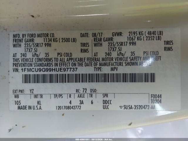 Ford ESCAPE SE 2017 1FMCU9G99HUE97737 Image 9