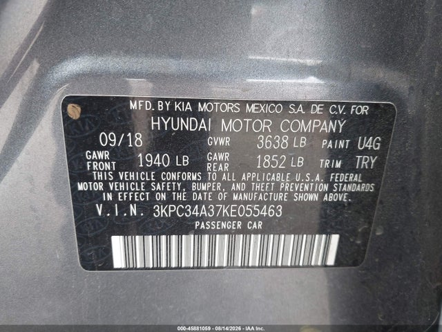 Aukcja sprzedaży 2019 Hyundai Accent Limited, vin: 3KPC34A37KE055463, numer aukcji: 45881059
