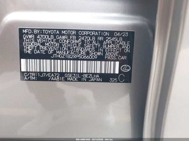 45881060 :رقم المزاد ، JTHGZ1B2XP5066009 vin ، 2023 Lexus Is 350 F Sport مزاد بيع
