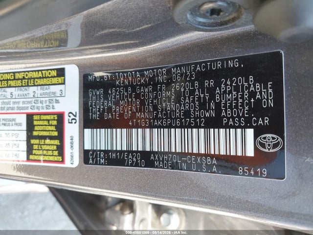 Продаж на аукціоні авто 2023 Toyota Camry Se Hybrid, vin: 4T1G31AK6PU617512, номер лоту: 45881066