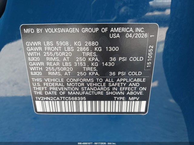 Aukcja sprzedaży 2026 Volkswagen Atlas Se With Technology, vin: 1V2HN2CA7TC568395, numer aukcji: 45881077