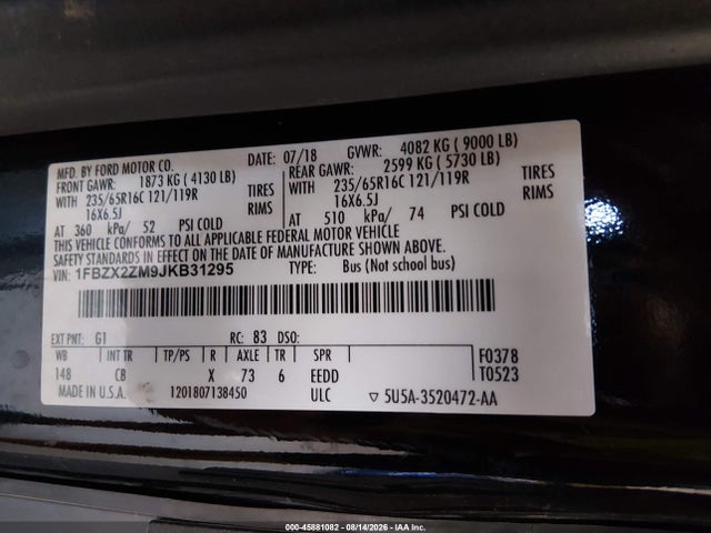 Ford Transit-350 Xl 2018 1FBZX2ZM9JKB31295 Image 9
