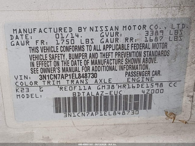 Nissan Versa 1.6 S+ 2014 3N1CN7AP1EL848730 Image 9