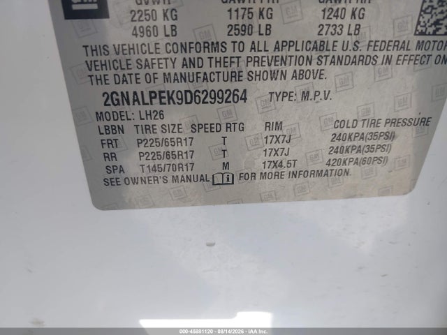 Aukcja sprzedaży 2013 Chevrolet Equinox Lt, vin: 2GNALPEK9D6299264, numer aukcji: 45881120
