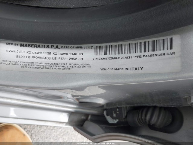 2018 Maserati Ghibli მანქანა იყიდება აუქციონზე, vin: ZAM57XSA6J1287531, აუქციონის ნომერი: 45881132