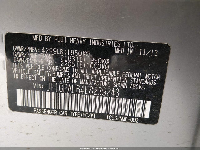2014 Subaru Impreza 2.0i Sport Premium მანქანა იყიდება აუქციონზე, vin: JF1GPAL64E8239243, აუქციონის ნომერი: 45881135