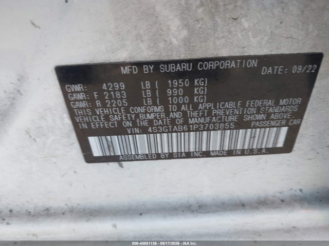 Aukcja sprzedaży 2023 Subaru Impreza Base 5-door, vin: 4S3GTAB61P3703855, numer aukcji: 45881136